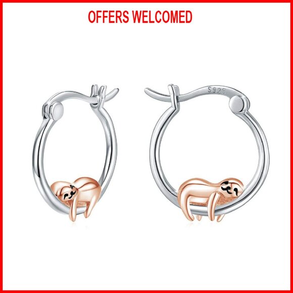 Sterling Silver Sloth Huggie Hoop Earrings 16mm Hypoallergenic Cartilage